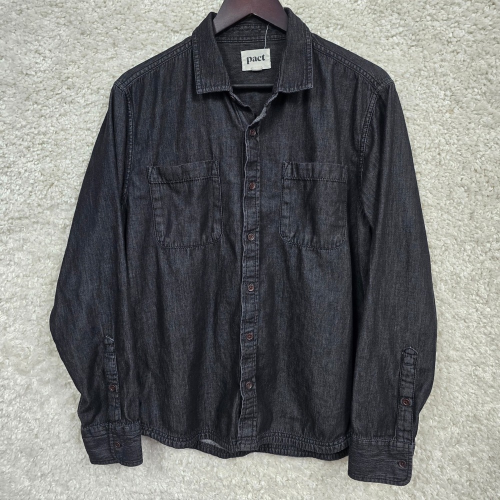 Pact‎ Denim Button Down Shirt Men's Large Black Organic Cotton Workwear Utility